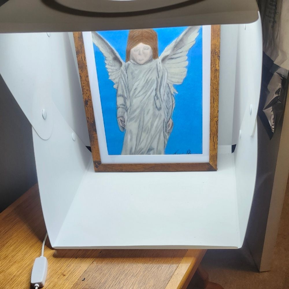 Hand Crafted Angel Colored Pencil Drawing Framed 9x11"